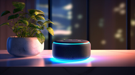 Echo from Amazon Alexa on the table. Alexa is a virtual personal assistant developed by Amazon with the aim of assisting in the execution of some everyday tasks. The user interacts through speech.