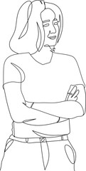 sketch of a woman, line art continuous illustration of a woman stood with her arms crossed on her chest. Line art. 