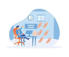 Passive income. A man relaxes in front of a computer to earn money. flat vector modern illustration