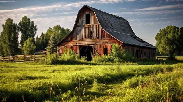 A rustic barn nestled among verdant farmlands, its weathered wood blending harmoniously with the vibrant greenery surrounding it. A timeless countryside charm.