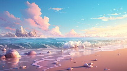 A secluded beach adorned with seashells, embraced by turquoise waves under a cotton candy sky.