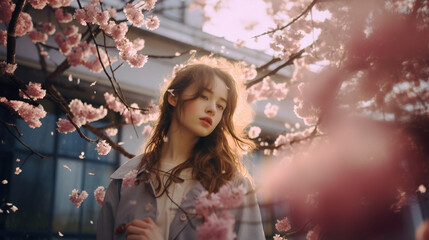 満開の桜と綺麗な女性のポートレート - obrazy, fototapety, plakaty
