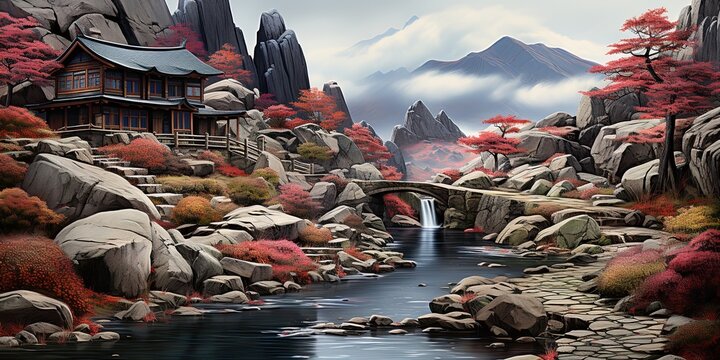 painting of asian house in the mountains