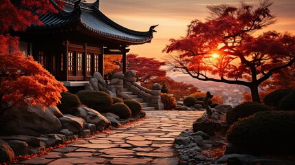 chinese temple at sunset