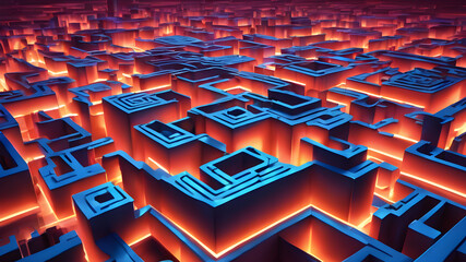 neon synthwave maze labyrinth 3d perspective concept illustration  - obrazy, fototapety, plakaty