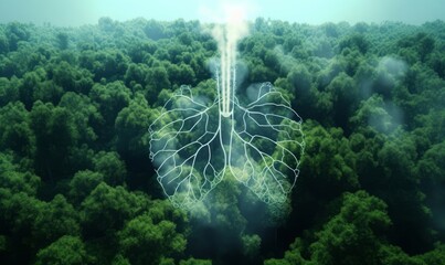 Shape of lungs in  middle of forest with a view from above. Concept of nature protection, cleanliness, breathing and natural reduction of CO2, Generative AI  - obrazy, fototapety, plakaty