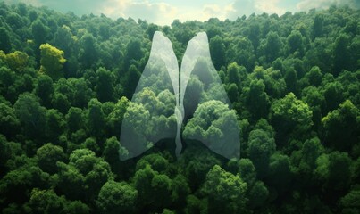 Shape of lungs in  middle of forest with a view from above. Concept of nature protection, cleanliness, breathing and natural reduction of CO2, Generative AI 