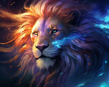 A Lion With A Rainbow Mane And Blue Eyes, AI Generative.