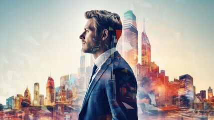 Double exposure of businessman and future city, Investment and modern technology.