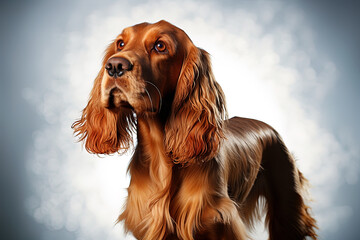Portrait of a red cocker spaniel, cropped photo close-up, grey on a neutral background. Ai art