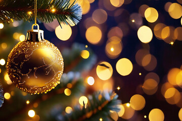 Merry Christmas and happy new year concept, Closeup of golden bauble hanging from a decorate...