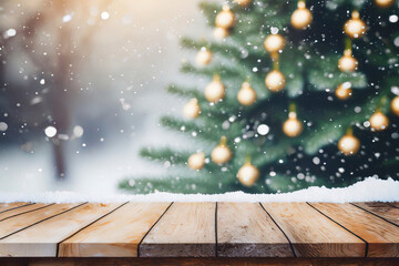 Empty wood table and defocused bokeh and blur christmas tree background with snow