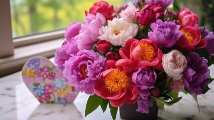 A heart-shaped arrangement of colorful peonies with a 'Happy Mother's Day' card nestled among them.