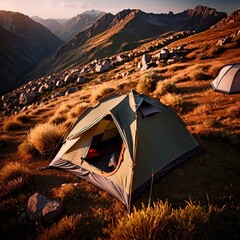 Camping tent on top of mountain, aerial view 