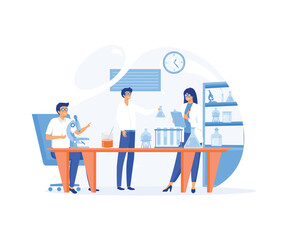 scientists two men and woman working at science lab. Laboratory interior, equipment and lab glassware. flat vector modern illustration 