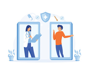 Mobile telemedicine smartphone application, female doctor. Useful mobile device tool for managing healthcare service. flat vector modern illustration 