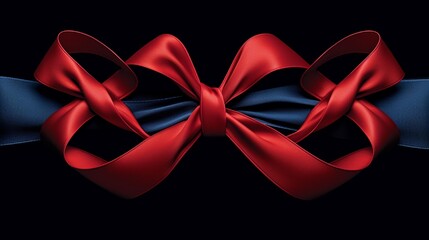 A high-resolution view of a scarlet ribbon intricately arranged on a solid navy blue base.