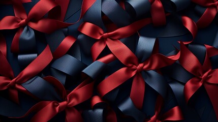 A high-resolution view of a scarlet ribbon intricately arranged on a solid navy blue base.