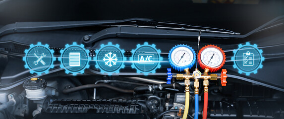 Measuring manifold gauge with car care maintenance and service icons check refrigerant and filling car air conditioner to fix repairing heat conditioning system. - obrazy, fototapety, plakaty