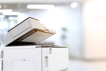 Copier or photocopier or photocopy machine office equipment workplace for scanner or scanning document or printer for printing paperwork hard copy paper duplicate Xerox or service maintenance repair. - obrazy, fototapety, plakaty