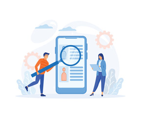 Work Descriptions, Recruitment Headhunting Concept. Tiny Employer Characters Reading Personnel Resume. flat vector modern illustration