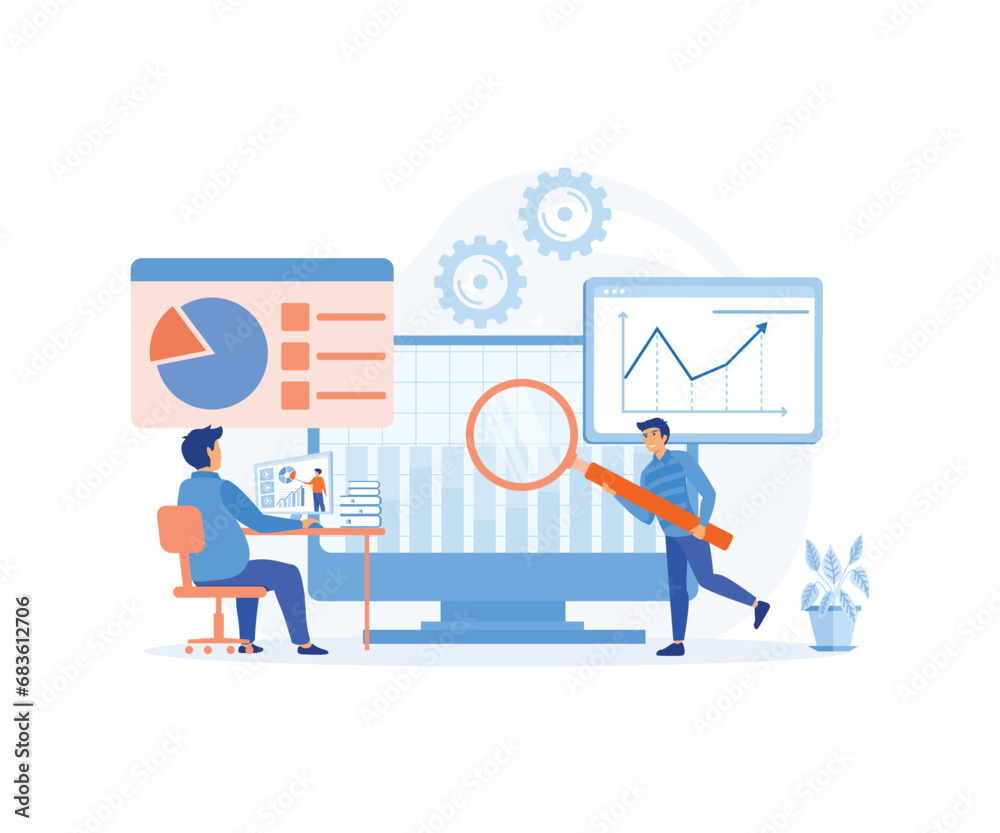Poster flat vector design statistical and data analysis for finance investment business people team working