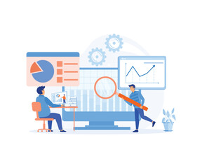 Flat vector design statistical and Data analysis for  finance investment  business people team working on monitor graph dashboard. flat vector modern illustration 