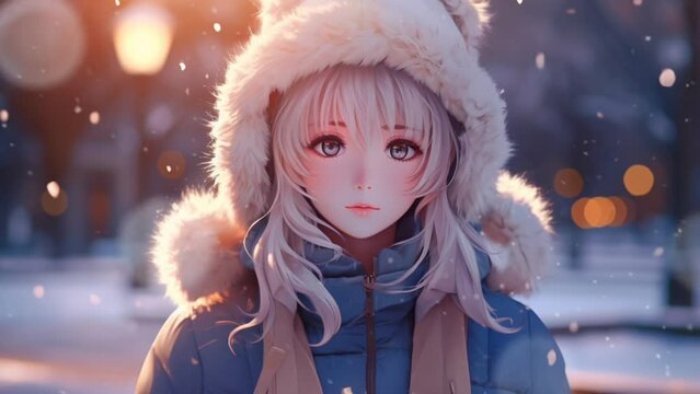 Beautiful anime girl wears warm jacket in winter and snowfall. Loop Animation Video For Lofi Music or background music. Generated with AI