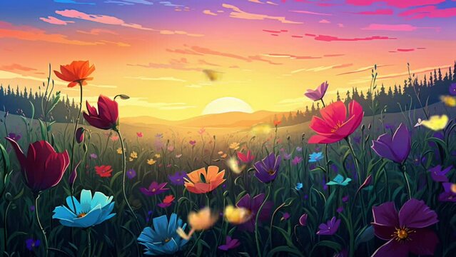 Sundown over flower fields landscape with butterfly. anime or cartoon ilustration style. seamless looping virtual video animation background. Generated with AI