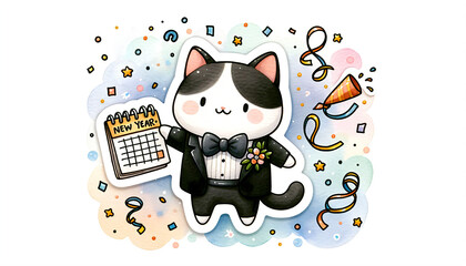 Watercolor illustration sticker with adorable tuxedo cat in costume, suitable for New Year design. Cute and funny, cartoonish, design for kids