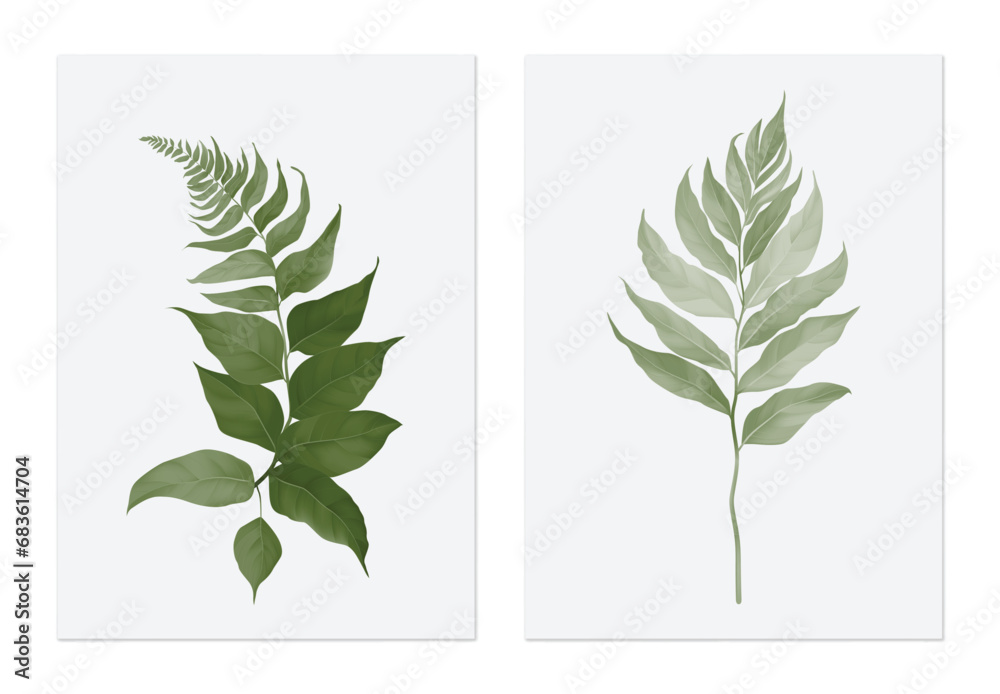 Wall mural foliage poster template design, green fern leaves on grey