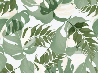 Poster Im Rahmen Foliage seamless pattern, Monstera Albo leaves and fern on light grey © momosama