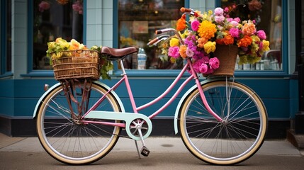 A quaint, vintage bicycle adorned with colorful flowers and a basket filled with gifts for Mom.