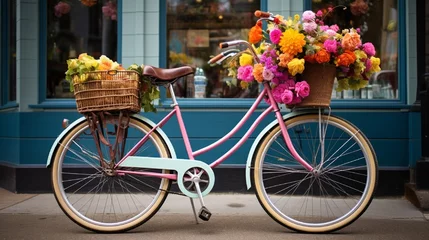Fotobehang Fiets A quaint, vintage bicycle adorned with colorful flowers and a basket filled with gifts for Mom.