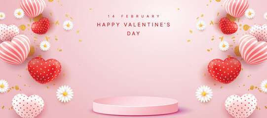 Valentine's day sale banner background with with product display cylindrical shape.
