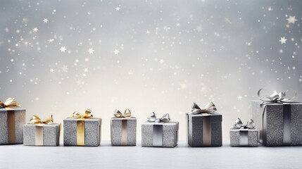 A row of sparkling gift boxes with glittering accents arranged against a shimmering silver...