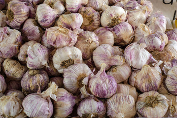 Chinese purple garlic for sale in street market in Mexico.