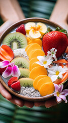 Obraz na płótnie Canvas Fresh fruit bowl with vibrant edible flowers, a colorful and healthy breakfast option. Artistic arrangement of nutritious elements for a morning boost.