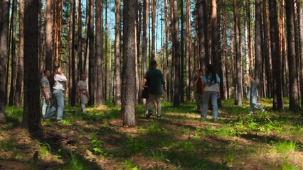 Group of people playing volleyball in forest. Stock footage. People play volleyball on hiking trip in forest. Group of tourists playing ball in forest on sunny summer day