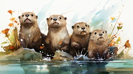 A family of river otters relaxes on the banks of a river with a little waterfall. © Hizaz