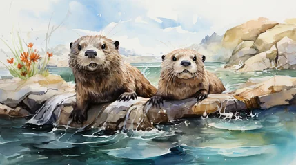 Poster Two river otters are relaxing by a pond. © Hizaz