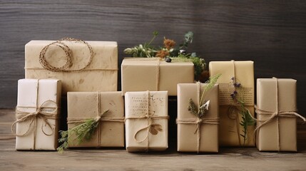 A set of eco-friendly gift boxes made from recycled materials on a rustic, textured background.