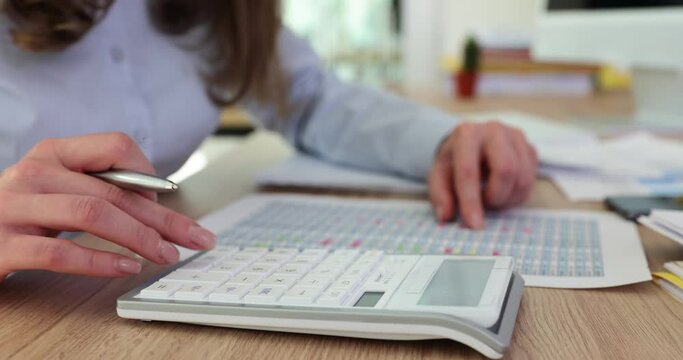 Closeup hands of financial analyst or accountant calculating report on calculator with documents and graphs