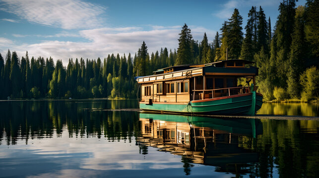 An image of a houseboat on a lake