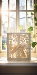 A single gift box, bathed in soft natural light streaming through a window, showcasing its intricate design and charming presentation.