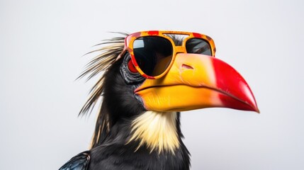 Hornbill bird in sunglass isolated on bright white background. advertisement. template. product presentation. copy text space.