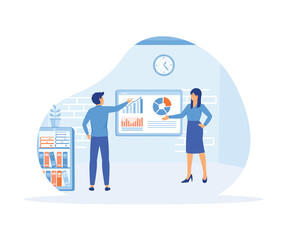 Marketing research. Girl and her colleague analyze information received.  flat vector modern illustration 