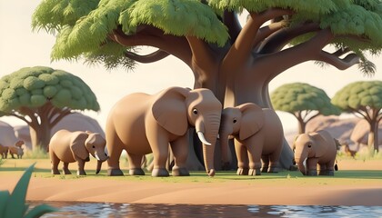 Familia de elefantes protegiendose del sol a la sombra de un arbol junto a un lago