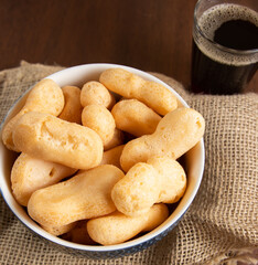Traditional Brazilian starch biscuit (called polvilho biscuit made with tapioca or cassava flour ) in a bowl.