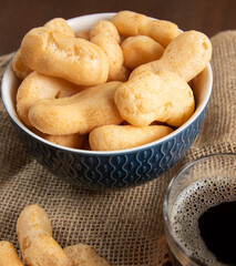 Traditional Brazilian starch biscuit (called polvilho biscuit made with tapioca or cassava flour ) in a bowl.